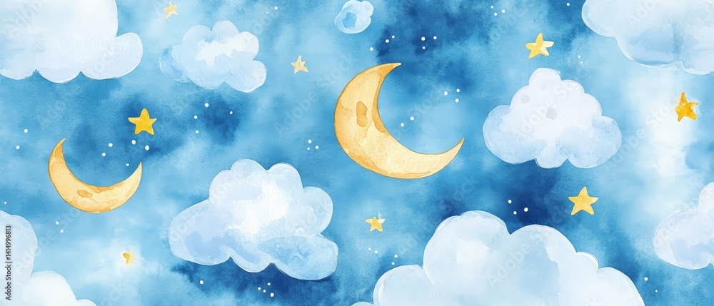 A watercolor painting of a night sky with a crescent moon and stars