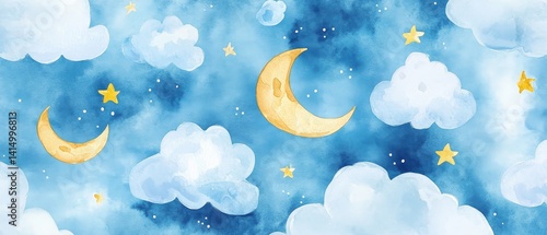 Obraz na płótnie A watercolor painting of a night sky with a crescent moon and stars w salonie