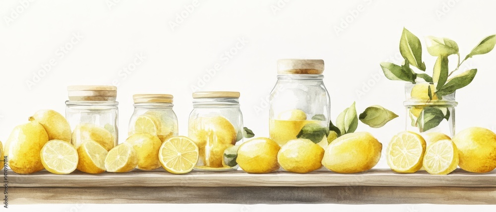 A table with a bunch of lemons and jars