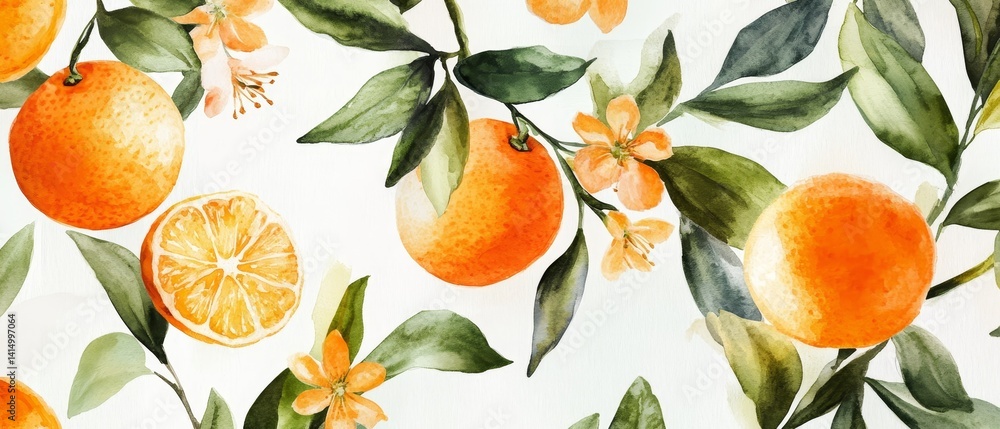 A painting of oranges and leaves with a white background