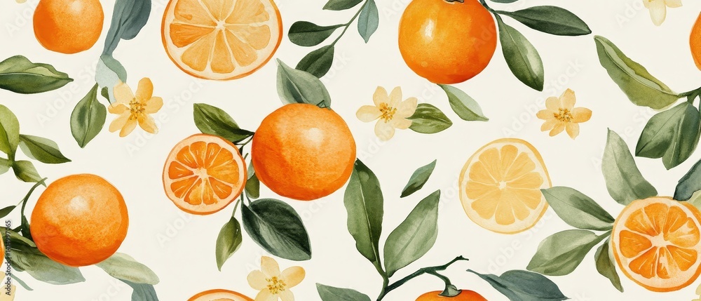 A painting of oranges and leaves with a white background
