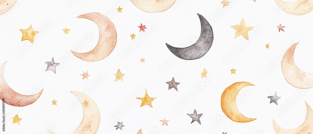 A watercolor painting of a night sky with stars and crescent moons