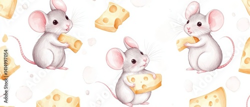 Obraz na płótnie Three mice holding cheese in a pattern w salonie