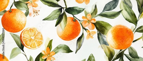 Obraz na płótnie A painting of oranges and leaves with a white background w salonie