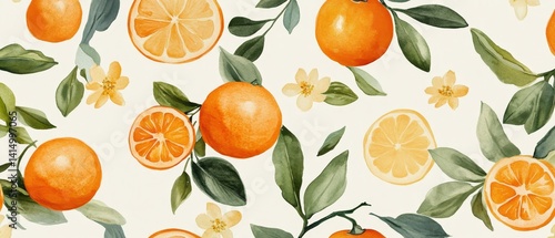 Obraz na płótnie A painting of oranges and leaves with a white background w salonie