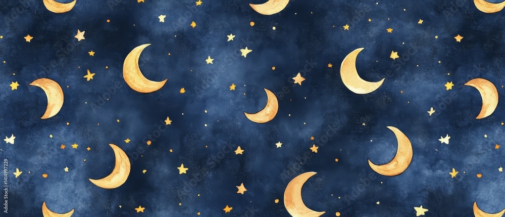 A blue background with gold stars and crescent moons