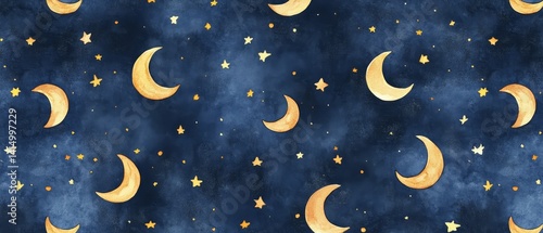 A blue background with gold stars and crescent moons
