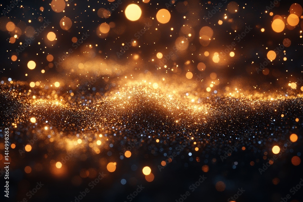 Obraz premium Golden particles create a mesmerizing glow in a dark setting during a serene evening