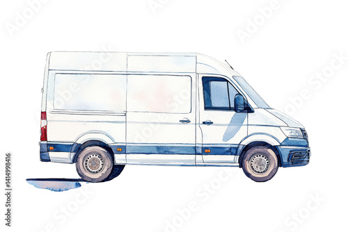 White Delivery Van Watercolor Illustration Side View Commercial Vehicle Transportation