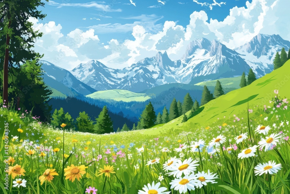 Fototapeta premium Serene alpine meadow with vibrant wildflowers and majestic snow capped mountains under a bright sky