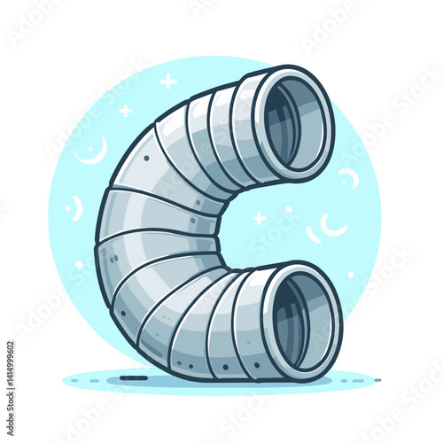 Metallic ventilation duct in curved shape on blue background. Perfect for HVAC systems, industrial equipment or air conditioning illustrations.