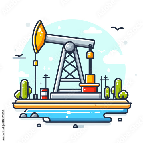 Oil pump jack near water in landscape view. Perfect for petroleum industry, energy production or industrial equipment illustrations.