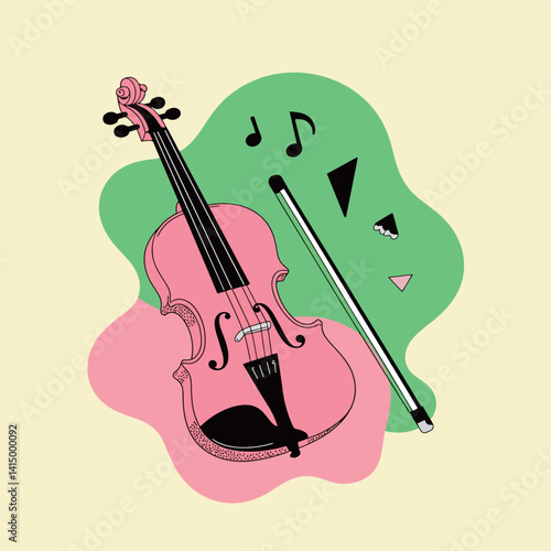 Stylized Pink Violin with Bow and Music Notes