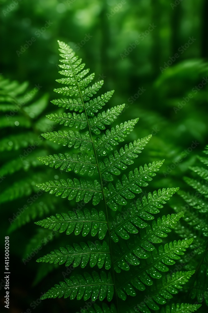 Dew on Fern Leaves in Lush Green Forest Closeup Dew on Fern Leaves in Lush Green Forest Closeup