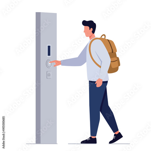 Young man with brown backpack pressing elevator button in flat minimal style vector illustration