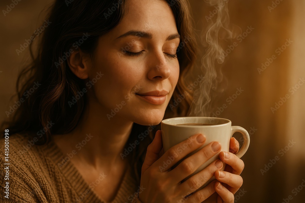Woman Enjoying Warm Coffee with Eyes Closed in Cozy Atmosphere Woman Enjoying Warm Coffee with Eyes Closed in Cozy Atmosphere