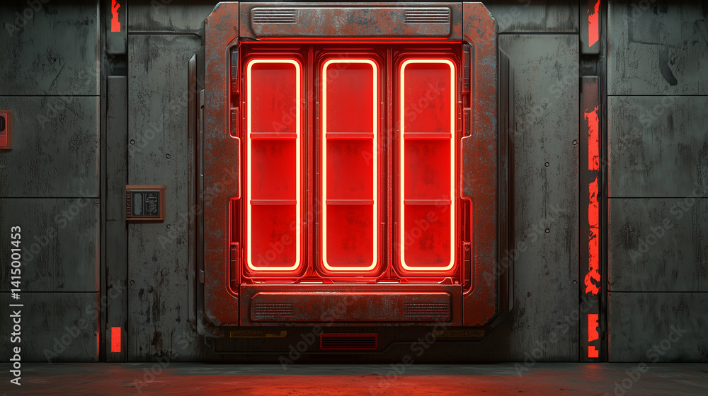 Fototapeta premium Futuristic red neon sci fi door in a grungy industrial wall, glowing with vibrant light in a dark spaceship hallway scene.
