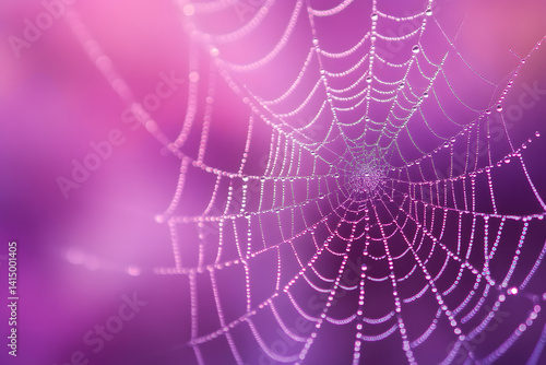 A mesmerizing close-up photo of dew drops delicately clinging to a spider web on a crisp autumn morning purple background 
