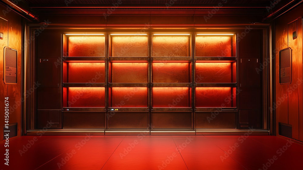 Obraz premium Futuristic sci fi room interior with glowing orange ambient lights, metallic panels, and industrial design elements.