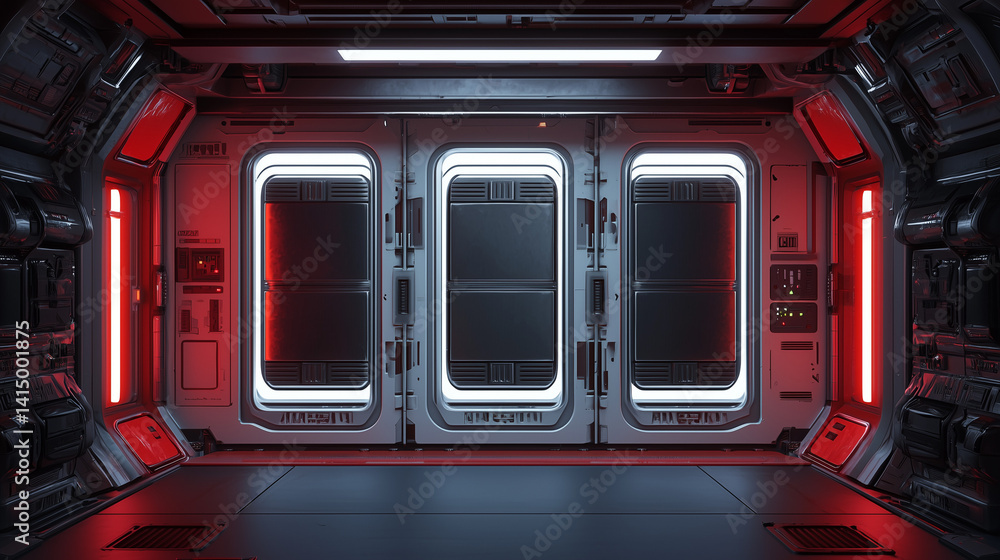 Obraz premium High-tech futuristic sci fi corridor with illuminated red and white lighting, metallic walls, and sealed doors in a spaceship interior.