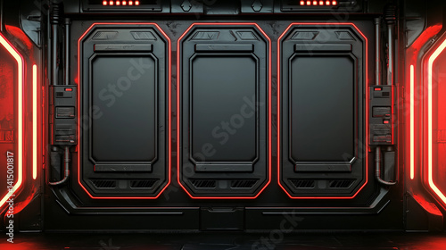 Futuristic sci-fi wall with glowing red neon lights, black panels, and industrial design elements in a spaceship corridor.