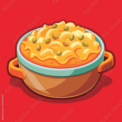Cheesy macaroni and peas in a pot.