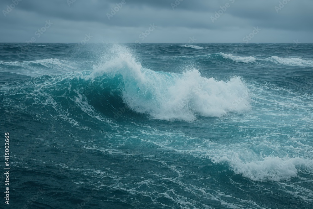 Naklejka premium Turbulent Ocean Waves Rolling in a Stormy Gray Sky Setting