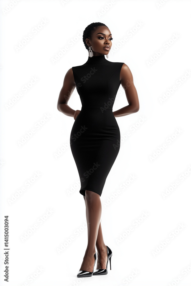 Elegant Woman in Black Dress Standing on White Background
Elegant Woman in Black Dress Standing on White Background