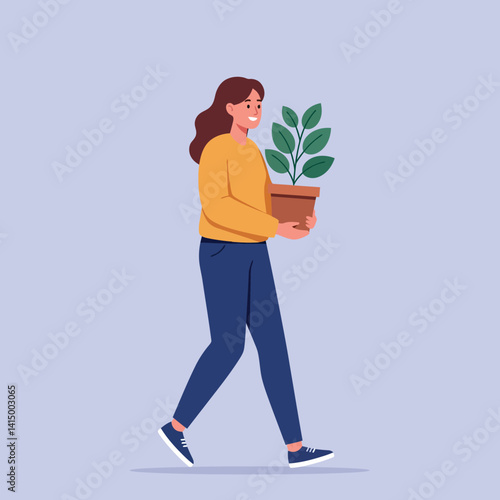 Woman carrying potted plant with green leaves walking confidently in casual outfit flat design vector illustration