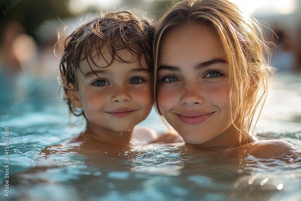 Siblings enjoy a sunny day swimming together in a pool while smiling and having fun during summer vacation Siblings enjoy a sunny day swimming together in a pool while smiling and having fun during summer vacation