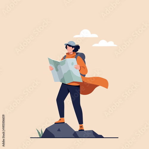 Woman hiker standing on rock reading map in flat minimalist style outdoors with cloudy sky vector illustration