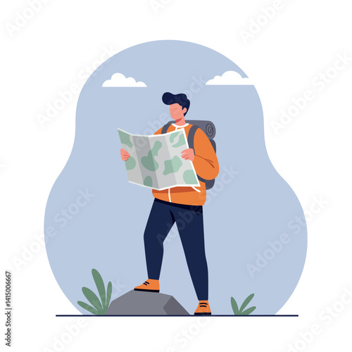 Male hiker standing on rock with backpack reading map outdoors minimal flat vector illustration
