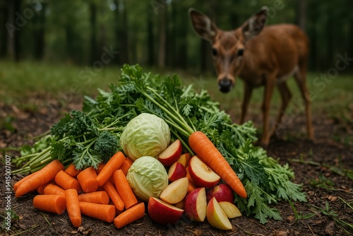 Young Deer Approaching Fresh Vegetables in Green Forest Setting