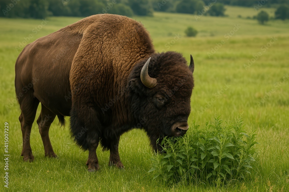 Majestic Bison Grazing in Lush Green Pasture under Blue Sky Majestic Bison Grazing in Lush Green Pasture under Blue Sky
