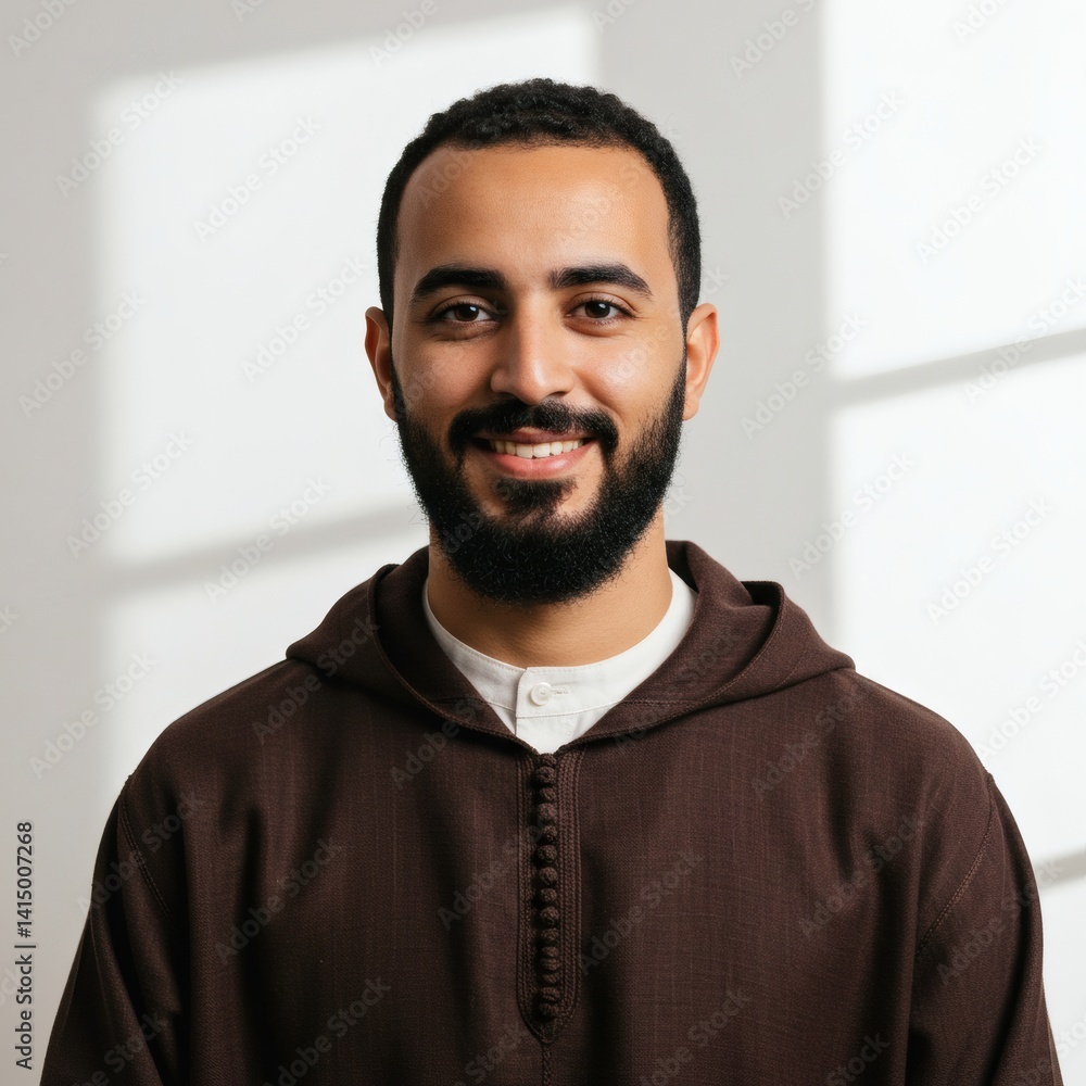 Fototapeta premium A portrait of a smiling man wearing a traditional brown hoodie and white shirt in studio.