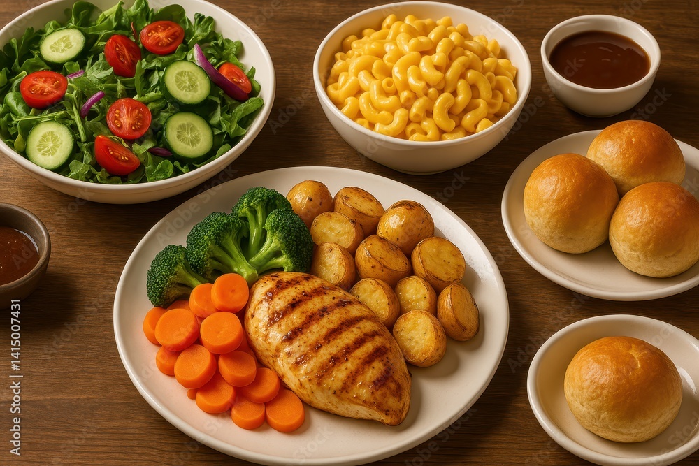 Delicious and Colorful Healthy Meal with Chicken, Vegetables, and Sides Delicious and Colorful Healthy Meal with Chicken, Vegetables, and Sides