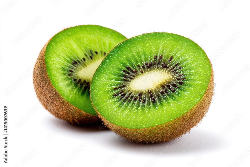 Ripe kiwi fruit split in half revealing vibrant green flesh and tiny black seeds on a white background Ripe kiwi fruit split in half revealing vibrant green flesh and tiny black seeds on a white background