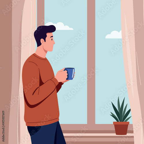 Young man in casual clothes holding blue mug looking out window with potted plant minimal flat vector illustration