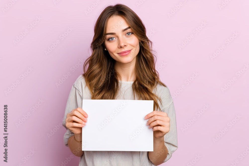 Girl with blank paper poses against a pastel background exuding a friendly and inviting atmosphere Girl with blank paper poses against a pastel background exuding a friendly and inviting atmosphere