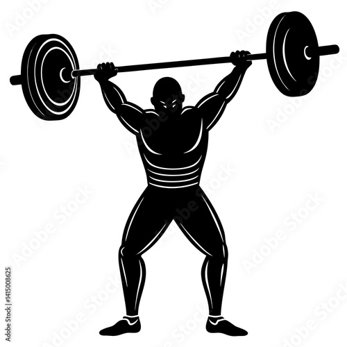 Line art vector silhouette of a person performing a clean and jerk, with the barbell being lifted above the head
