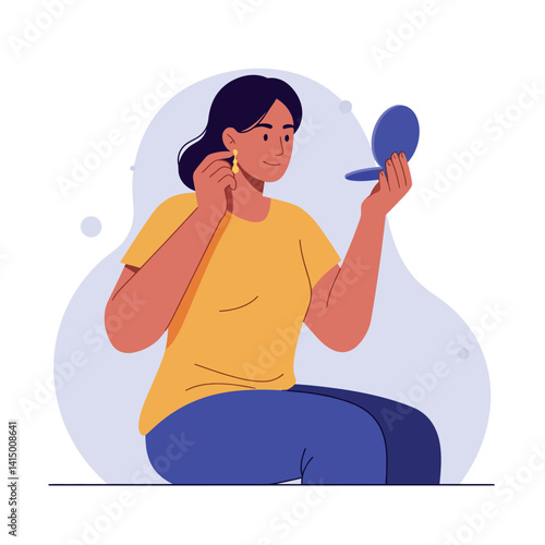 Young woman with dark hair wearing yellow shirt and blue pants putting on earrings in flat minimal vector illustration