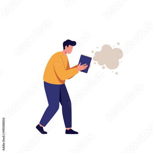 Young man coughing into tablet device in flat minimal style vector illustration of health concern and digital interaction