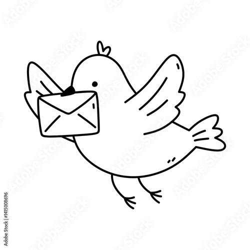Carrier pigeon with an envelope isolated on a white background. Vector hand-drawn illustration in doodle style. Perfect for decorations, logo, various designs. Cute character.