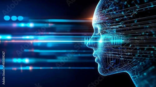 Futuristic digital face with data streams. Agentic AI