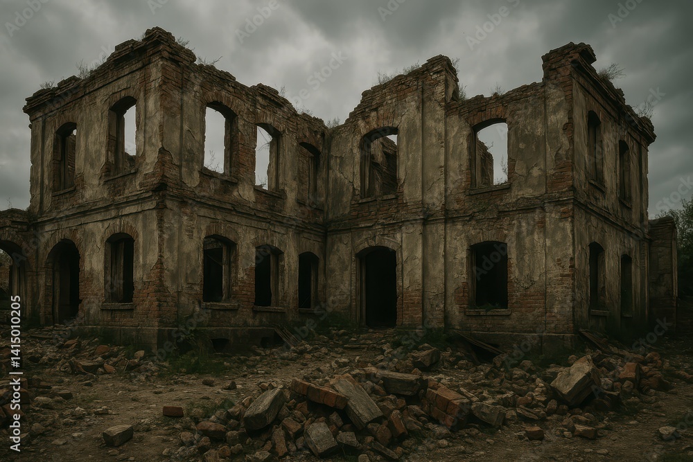 Fototapeta premium Abandoned Historic Building Surrounded by Ruins and Overgrown Nature