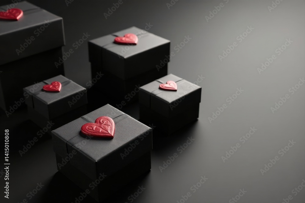 Obraz premium Elegant black gift boxes adorned with embossed red hearts, arranged in descending size on a dark surface