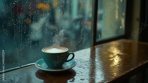 cup of coffee on a table in front of window with rain drops