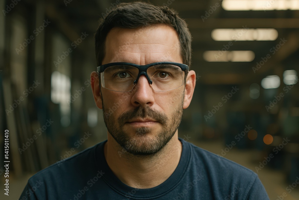 Obraz premium Focused Man in Safety Glasses Inside Industrial Workshop Environment