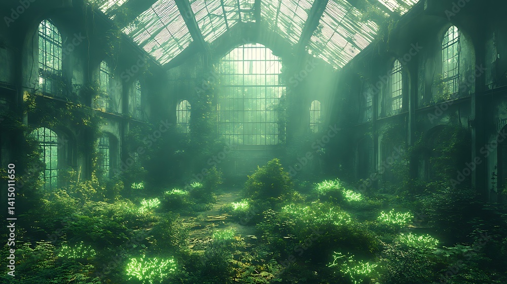 Obraz premium Lush greenery reclaims a sunlit abandoned factory.