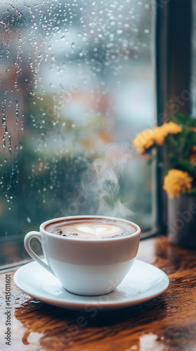 cup of coffee on a table in front of window with rain drops